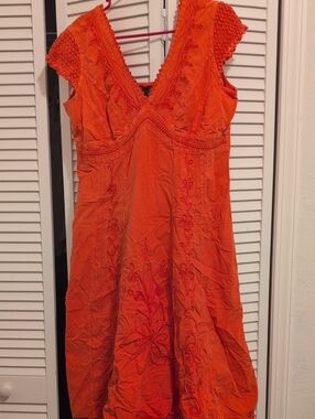 Vibrant Orange Embroidered V-Neck Women's Dress
